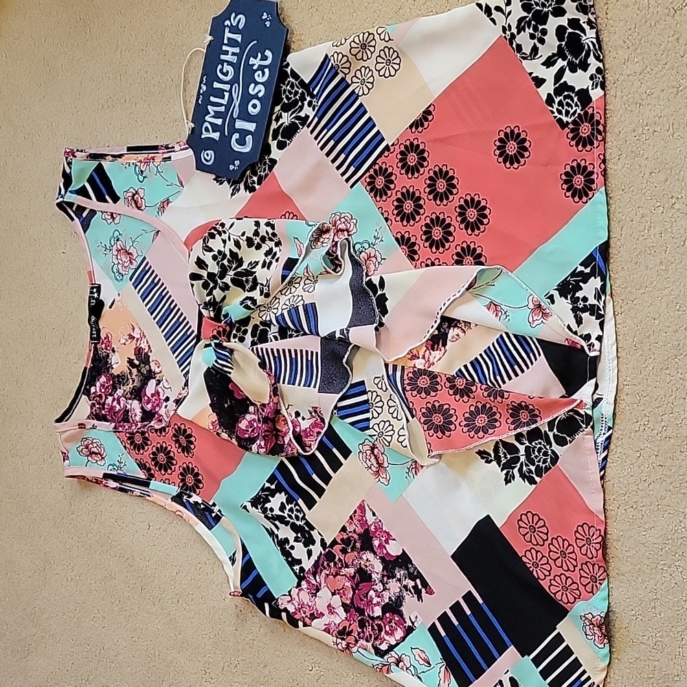Living Doll XL Patchwork Sleeveless Top Ruffle Front Black Teal Peach Ivory